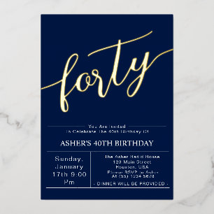 Invitación Con Relieve Metalizado Cuarenta   Guión azul y oro moderno 40 cumpleaños