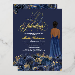 Invitación Con Relieve Metalizado Cuarenta y Fabuloso Cumpleaños Elegante Azul y Dor