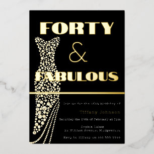 Invitación Con Relieve Metalizado Cuarenta y Fabuloso Vestido Vintage de Oro Cumplea