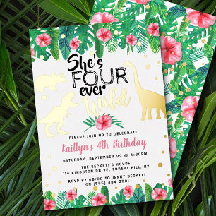 Invitación Con Relieve Metalizado Cuatro Chicas Dinosaurio Salvajes por Siempre Cump