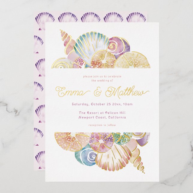 Invitación Con Relieve Metalizado Cubierta acuarela bajo el Boda marino (Anverso/Reverso)