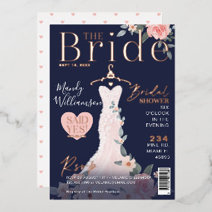 Invitación Con Relieve Metalizado Cubierta de la revista Bridal Shower, Boda floral