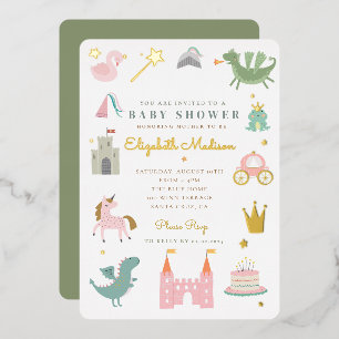 Invitación Con Relieve Metalizado Cuento de hadas de princesa unicornio Baby Shower