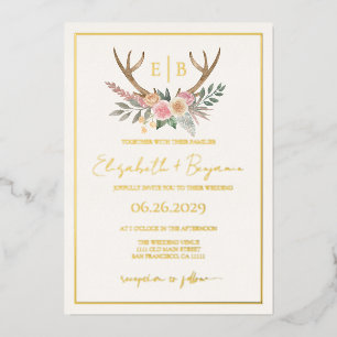 Invitación Con Relieve Metalizado Cuerna Floral Ciervo Flores Rosadas Boda Oro Real