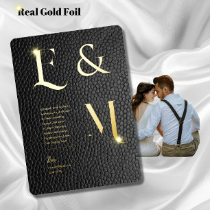 Invitación Con Relieve Metalizado Cuero con Aspecto de Foto Monograma Gold Black Pre