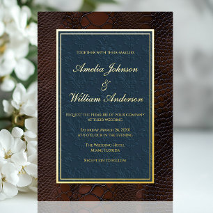 Invitación Con Relieve Metalizado Cuero de serpiente victoriano marrón azul boda