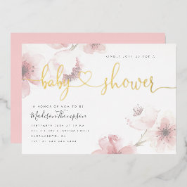 Invitación Con Relieve Metalizado Cuidad de cerezo Blossom Gold Script Floral Baby S