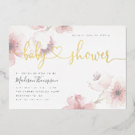 Invitación Con Relieve Metalizado Cuidad de cerezo Blossom Gold Script Floral Baby S