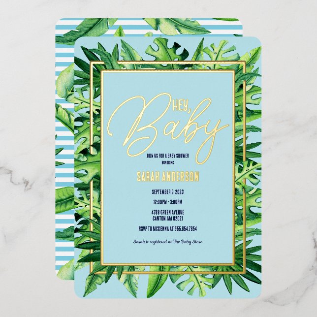 Invitación Con Relieve Metalizado Cuidado Azul y Verde Tropical Hey Baby Shower (Anverso/Reverso)