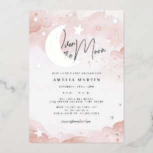 Invitación Con Relieve Metalizado Cumple lunar con toque plateado para Baby Shower