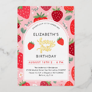 Invitación Con Relieve Metalizado Cumpleaños 1º Fresa Foto de Berry Primera Lindo