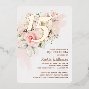 Invitación Con Relieve Metalizado Cumpleaños 15 Quinceañera Floral Oro