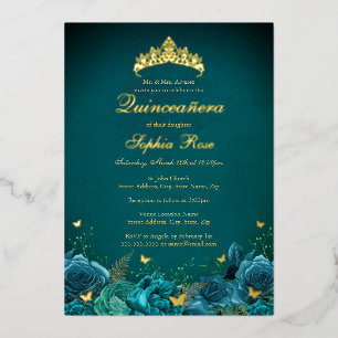 Invitación Con Relieve Metalizado Cumpleaños 15 Teal Floral Mariposa Quinceañera