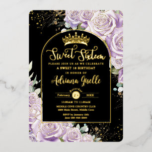 Invitación Con Relieve Metalizado Cumpleaños 16 Dulces Lila Púrpura Floral Negro Oro