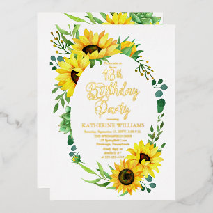 Invitación Con Relieve Metalizado Cumpleaños 18 Flor de girasol y eucalipto