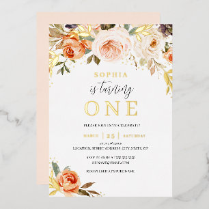 Invitación Con Relieve Metalizado Cumpleaños 1 de niña floral naranja dorada melocot