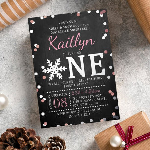 Invitación Con Relieve Metalizado Cumpleaños 1 Snowflake Winter Pizarra Real