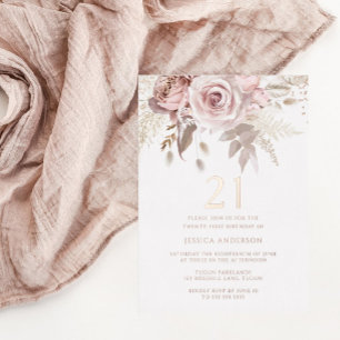 Invitación Con Relieve Metalizado Cumpleaños 21 Blush & Dusty Rose Rosa Dorado