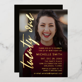 Invitación Con Relieve Metalizado Cumpleaños 21 de Black & Gold Photo Script