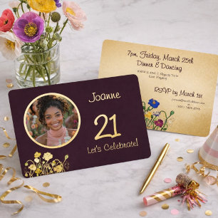 Invitación Con Relieve Metalizado Cumpleaños 21 dorado personalizado Plum Noir