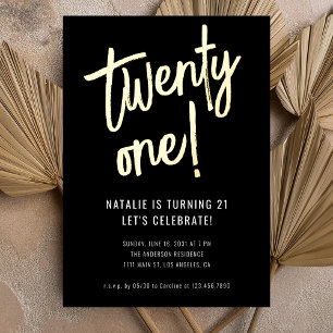 Invitación Con Relieve Metalizado Cumpleaños 21 Minimalista con letra de pincel en n