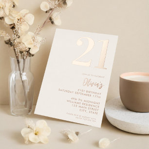 Invitación Con Relieve Metalizado Cumpleaños 21 moderno beige rosa dorado elegante