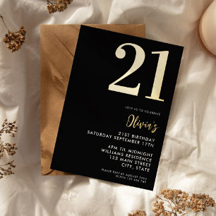 Invitación Con Relieve Metalizado Cumpleaños 21 Moderno Negro y Dorado Elegante