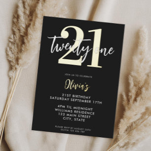 Invitación Con Relieve Metalizado Cumpleaños 21 moderno negro y dorado elegante