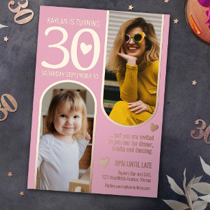 Invitación Con Relieve Metalizado cumpleaños 30 con dos arcos rosa oro corazones