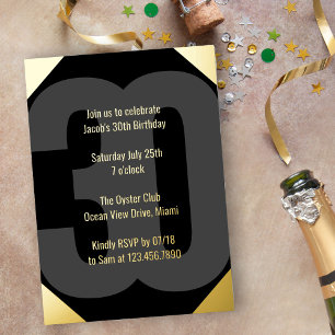 Invitación Con Relieve Metalizado Cumpleaños 30 de lujo negro y dorado