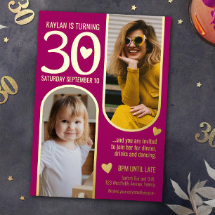 Invitación Con Relieve Metalizado cumpleaños 30 dos arcos corazones rosa profundo do