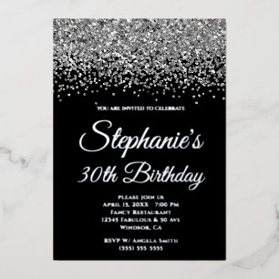 Invitación Con Relieve Metalizado Cumpleaños 30 Glamour Brillo Plateado