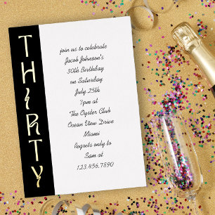 Invitación Con Relieve Metalizado Cumpleaños 30 Manuscrito Negro Blanco y Dorado