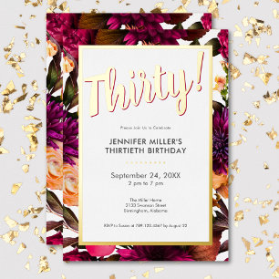 Invitación Con Relieve Metalizado Cumpleaños 30 Moderno de Floral con Hojas de Oro y