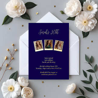 Invitación Con Relieve Metalizado Cumpleaños 30 Navy Blue & Gold Foil Photo 