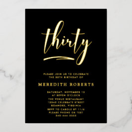 Invitación Con Relieve Metalizado Cumpleaños 30 Oro sobre Negro Fiesta Elegante de L