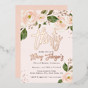 Invitación Con Relieve Metalizado Cumpleaños 30 Pretty Peach Floral Rose Gold