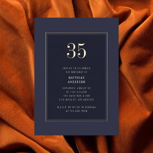 Invitación Con Relieve Metalizado Cumpleaños 35 Minimalista Elegante Marco Dorado Os