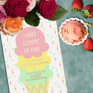 Invitación Con Relieve Metalizado Cumpleaños 3 de Helado