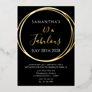 Invitación Con Relieve Metalizado Cumpleaños 40, 40 y Fabuloso Negro Oro