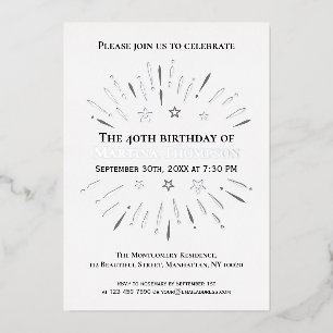 Invitación Con Relieve Metalizado Cumpleaños 40 con fuegos artificiales en negro, bl