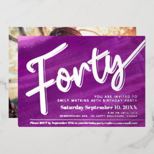 Invitación Con Relieve Metalizado Cumpleaños 40 cuarenta fiesta arte púrpura guión d
