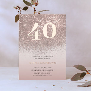 Invitación Con Relieve Metalizado Cumpleaños 40 Elegante con Brillo de Rosa Dorada M