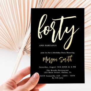 Invitación Con Relieve Metalizado Cumpleaños 40 Elegante Hoja de Oro Negro de Lujo
