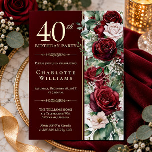 Invitación Con Relieve Metalizado Cumpleaños 40 Elegante Rosa Floral Vino Borgoña