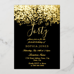 Invitación Con Relieve Metalizado Cumpleaños 40 Glitter Dorado Negro Fiesta Dorado