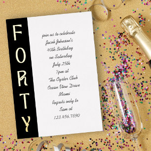Invitación Con Relieve Metalizado Cumpleaños 40 Manuscrito Negro Blanco y Dorado