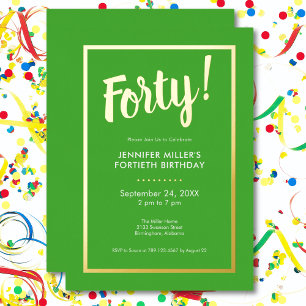Invitación Con Relieve Metalizado Cumpleaños 40 Moderno Verde Lima y Hoja de Oro