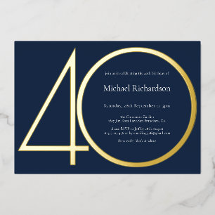 Invitación Con Relieve Metalizado Cumpleaños 40 Navy Blue Gold