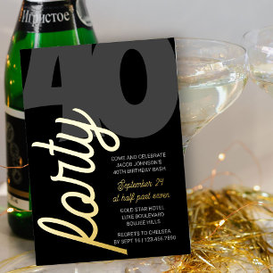 Invitación Con Relieve Metalizado Cumpleaños 40 Oversized Cuarenta Escritura Negro D